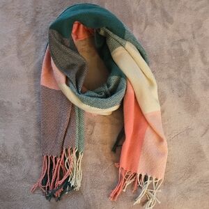 Soft Colorblock Fringe Scarf in Teal, Peach & Cream